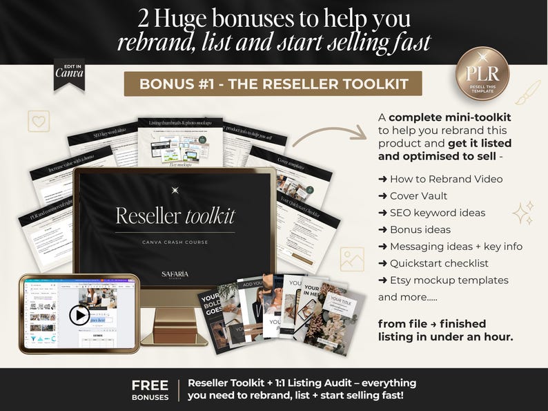 May include: An image promoting a reseller toolkit with the text "Reseller toolkit" and "Canva Crash Course". The image includes a tablet, a computer monitor, and several documents. The text promises bonuses to help rebrand, list, and sell.