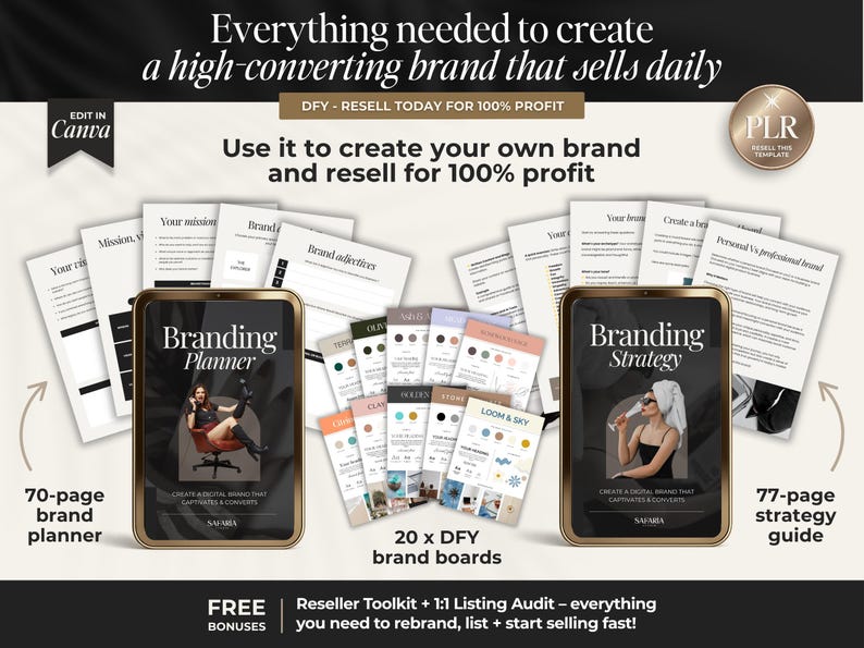 May include: Digital branding resources, including a 70-page brand planner and a 77-page strategy guide. The image also features 20 DFY brand boards and a reseller toolkit. The text reads, "Everything needed to create a high-converting brand."
