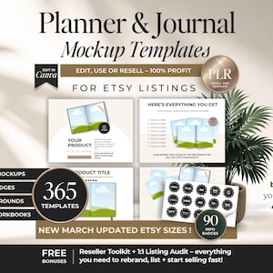 Könnte beinhalten: Werbebild für Etsy-Listings mit "Planner & Journal Mockup Templates". Das Design umfasst Mockups, Info-Badges, Hintergründe und E-Books. Der Text hebt "Edit in Canva", "100% Profit" und "New March Updated Etsy Sizes!" hervor.