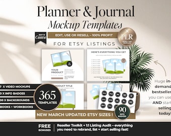 プランナーとジャーナルCanvaモックアップテンプレート（PLR付きEtsy出品用）、Canva編集可能電子書籍＆ノートモックアップ（再販権付き）