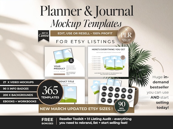 Planner and Journal Canva Mockup Templates for Printable Etsy Listings With PLR, Canva Editable Ebook & Notebook Mockups With Resell Rights