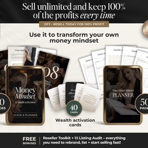 K&ouml;nnte beinhalten: Ein digitales Produktpaket mit einem 70-seitigen Money Mindset-Leitfaden, einem 50-seitigen Planer und 40 Karten zur Reichtumsaktivierung. Der Text enth&auml;lt Sell unlimited and keep 100% of the profits every time sowie FREE BONUSES.