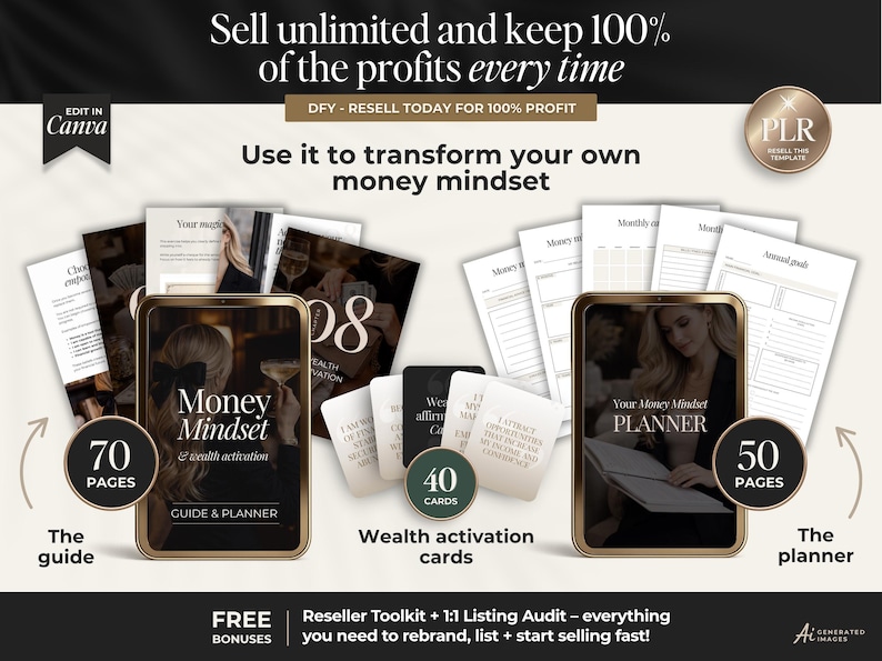 K&ouml;nnte beinhalten: Ein digitales Produktpaket mit einem 70-seitigen Money Mindset-Leitfaden, einem 50-seitigen Planer und 40 Karten zur Reichtumsaktivierung. Der Text enth&auml;lt Sell unlimited and keep 100% of the profits every time sowie FREE BONUSES.
