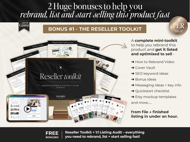 May include: A digital marketing toolkit with the text "Reseller Toolkit" and "Brand Planner & Strategy Guide Bundle." The image includes a tablet, documents, and a gold-colored stand. The text reads "2 Huge bonuses to help you rebrand, list and start selling this product fast."