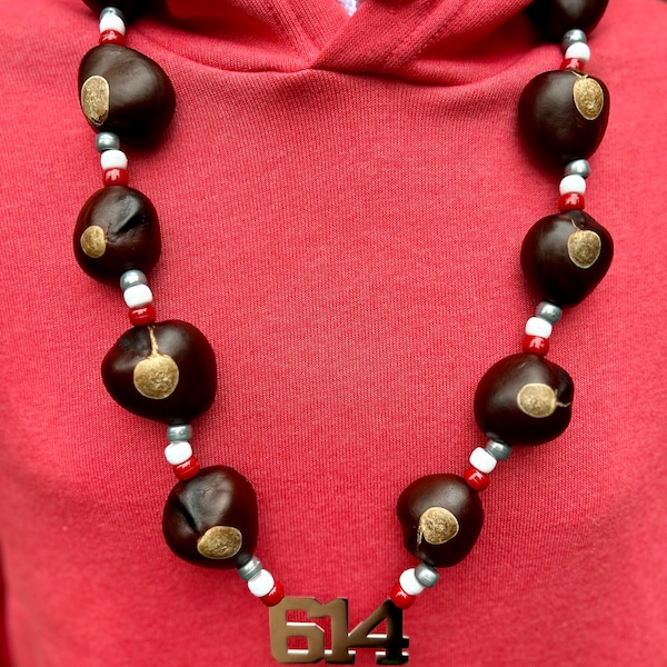 Ohio State Buckeye Necklace with 614 Pendant! 14 High Quality Ohio Buckeyes Included!