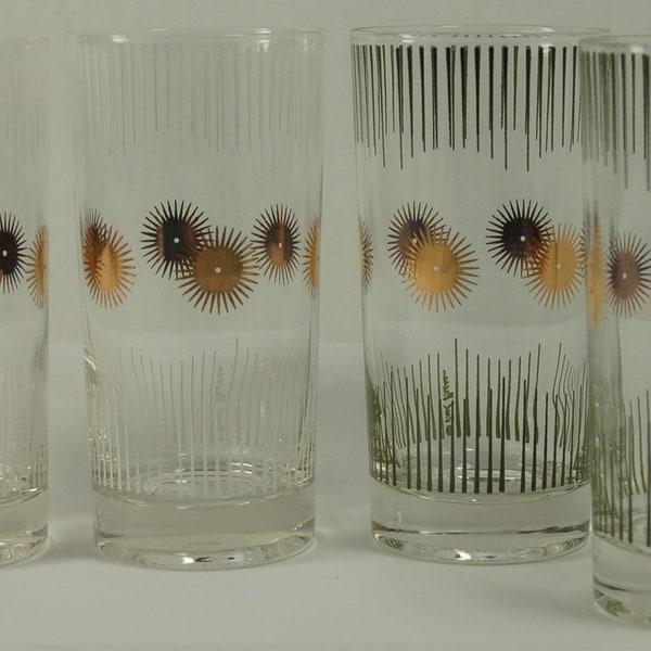 Fred Press Signed Mid-Century Atomic Sunburst Highball Glasses (Set of 4)