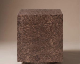 Chocolate Burl Cube Side Table, Dark Brown Veneer, Pedestal Base