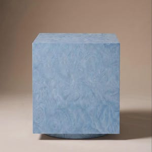 Sky Blue Burl Side Table, Light Blue Veneer Cube, Pedestal Base, Made to Order
