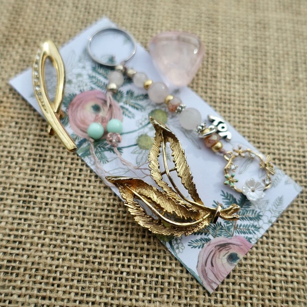 Pretty Gift Selection of - Vintage Brooches / Pretty Charm Keyring / Bee - Joy Keyring / Really Good Quality Rose Quartz Tumbled Stone