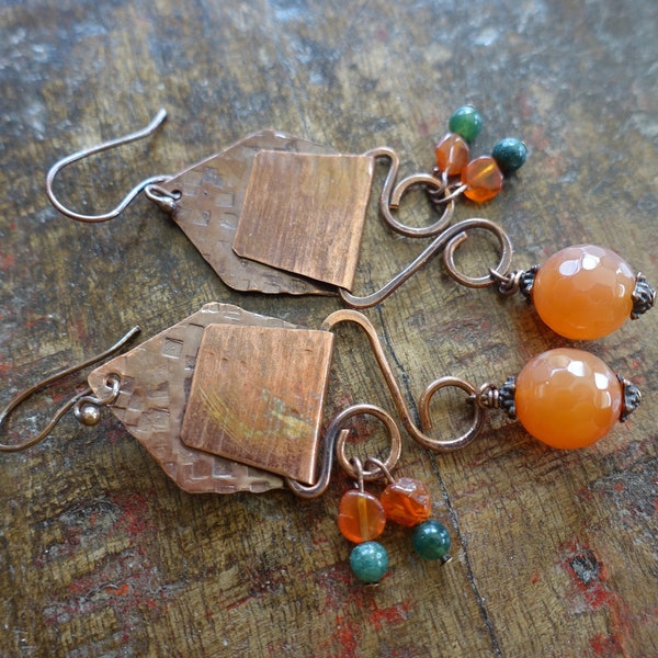 GYPSY SOUL Earrings #6 / Artisan Oxidised Copper Charm Earrings / Carnelian Earrings / Boho and Hippie / Lagenlook Earrings / Rustic Boho