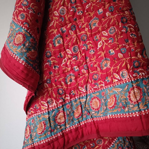 Gulaal Indian Jaipuri Block Print Quilt Printed Reversible Razai Cotton Handmade Floral Quilt, Jaipuri razai, Bedspread Comforter