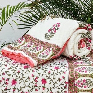 Gulaal Indian Jaipuri Block Print Quilt Printed Reversible Razai Cotton Handmade Floral Quilt, Jaipuri razai, Anokhi Bedspread Comforter image 1