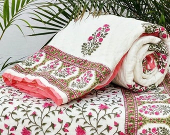 Gulaal Indian Jaipuri Block Print Quilt Printed Reversible Razai Cotton Handmade Floral Quilt, Jaipuri razai, Anokhi Bedspread Comforter