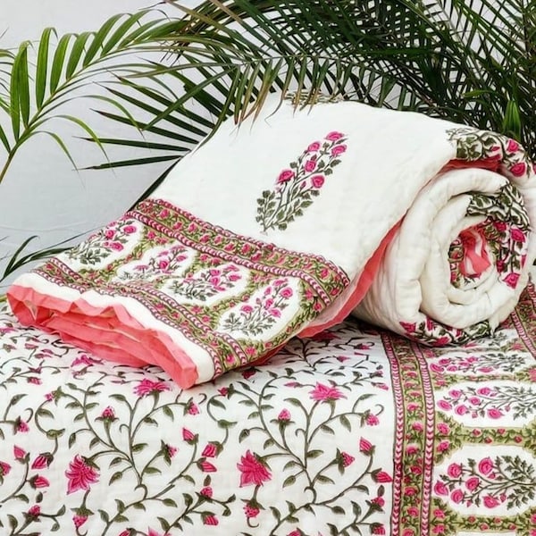 Gulaal Indian Jaipuri Block Print Quilt Printed Reversible Razai Cotton Handmade Floral Quilt, Jaipuri razai, Anokhi Bedspread Comforter