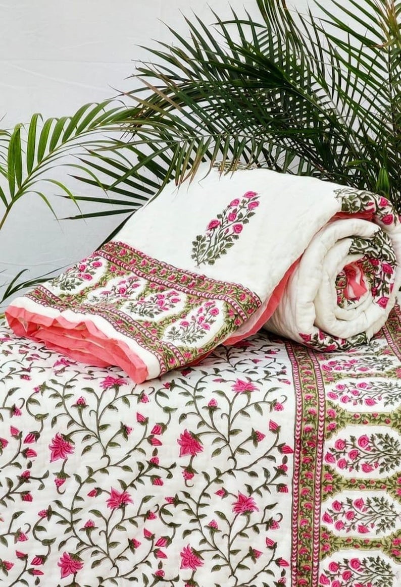 Gulaal Indian Jaipuri Block Print Quilt Printed Reversible Razai Cotton Handmade Floral Quilt, Jaipuri razai, Anokhi Bedspread Comforter image 1