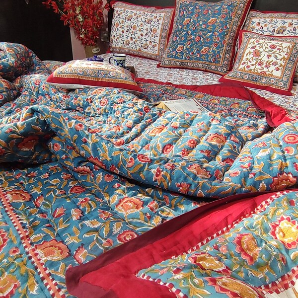 Gulaal Indian Jaipuri Block Print Quilt Imprimé Réversible Razai Coton Fait à la main Floral Quilt, Jaipuri razai, Couvre-lit Couette