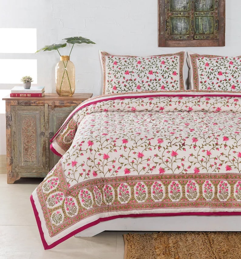 Gulaal Indian Jaipuri Block Print Quilt Printed Reversible Razai Cotton Handmade Floral Quilt, Jaipuri razai, Anokhi Bedspread Comforter image 4