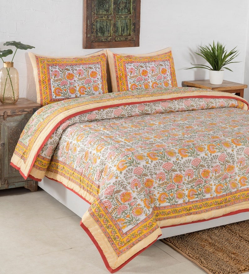 Shopgulaal gulaal Indian Jaipuri Block Print Quilt Printed Reversible Razai Cotton Handmade Floral Quilt, Jaipuri razai, Bedspread Comforter