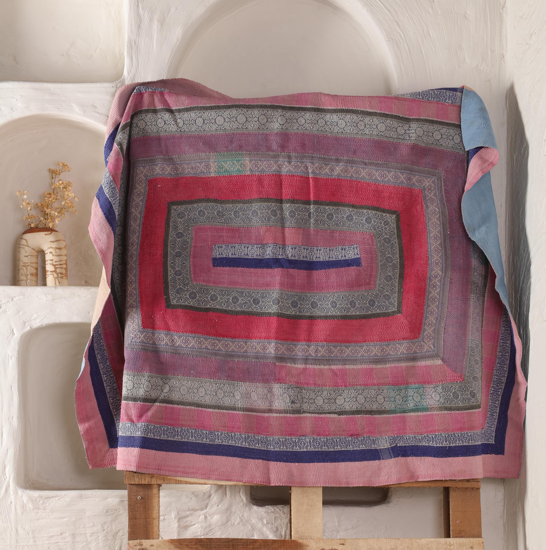 O4 Vintage Kantha Block Print Quilt Reversible Kantha Throw Cotton