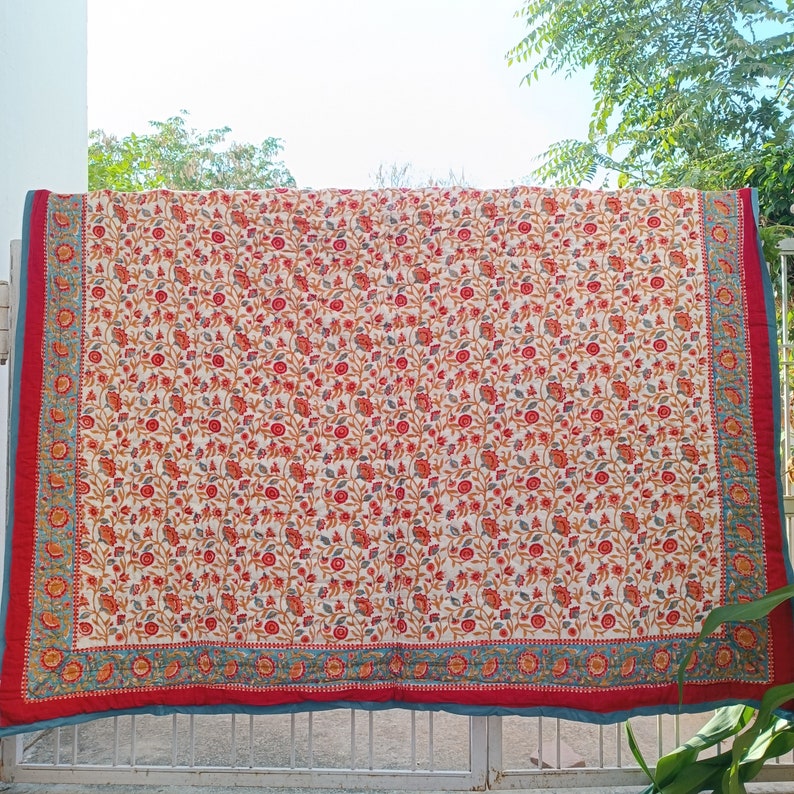 Shopgulaal gulaal Indian Jaipuri Block Print Quilt Printed Reversible Razai Cotton Handmade Floral Quilt, Jaipuri razai, Bedspread Comforter image 4