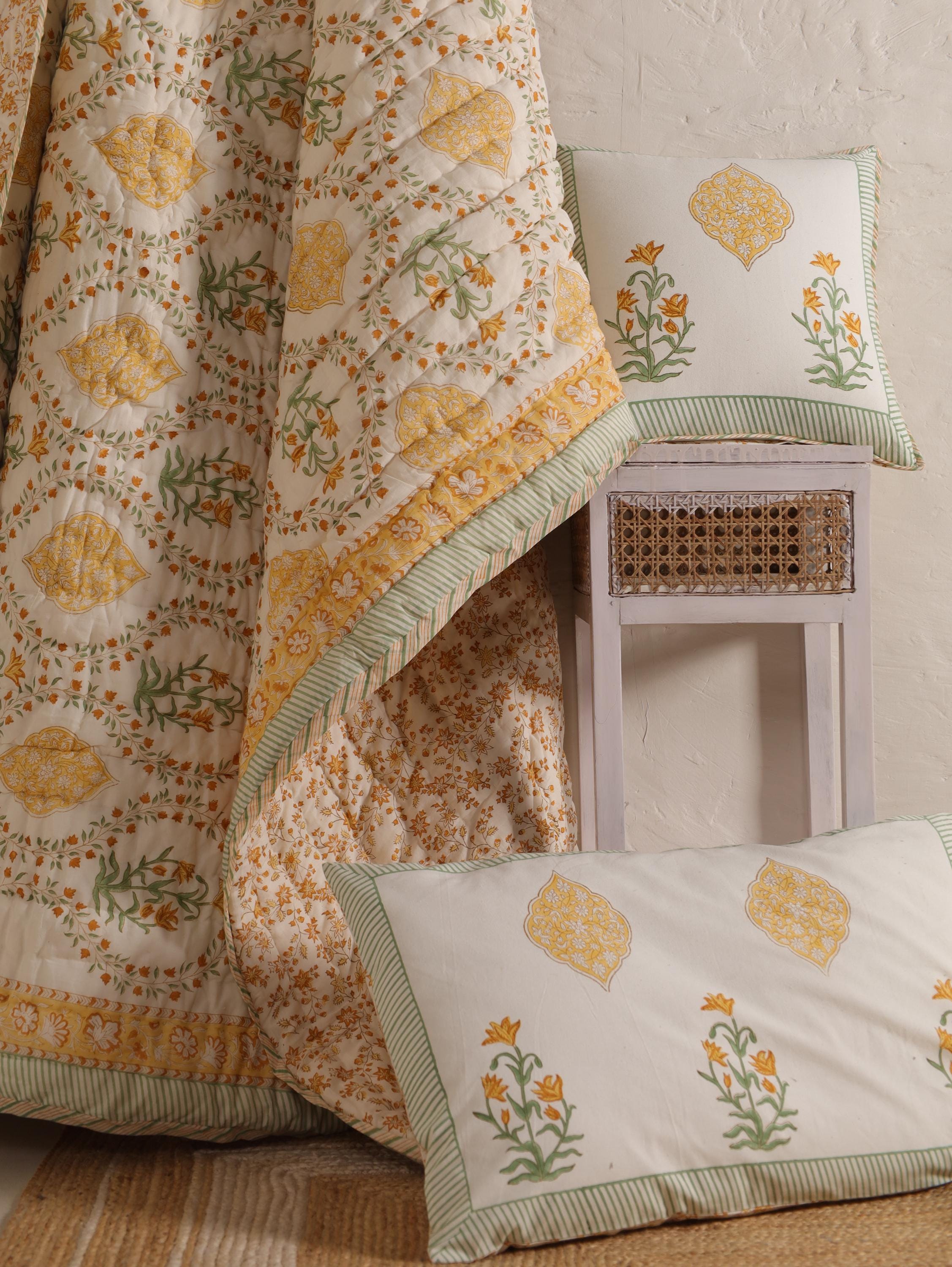 ShopGulaal Jaipuri Block Print Quilt Reversible Floral Blanket  Soft Summer Quilt Jaipuri Bedspread Cozy Indian Comforter  All Season Quilt