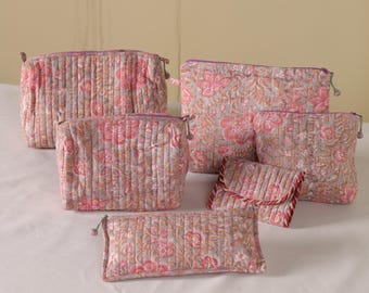 Block Print Floral Cosmetic Bag, Quilted Cotton Zipper Pouch, Set of 6