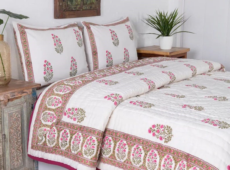 Gulaal Indian Jaipuri Block Print Quilt Printed Reversible Razai Cotton Handmade Floral Quilt, Jaipuri razai, Anokhi Bedspread Comforter image 3