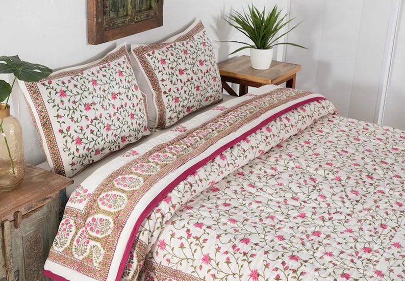 Gulaal Indian Jaipuri Block Print Quilt Printed Reversible Razai Cotton Handmade Floral Quilt, Jaipuri razai, Anokhi Bedspread Comforter image 9