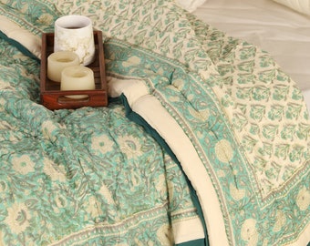 Shop Gulaal Indiase Jaipuri blokprint quilt bedrukt omkeerbaar Razai katoen handgemaakte bloemenquilt, Jaipuri razai, sprei dekbed