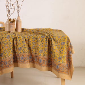 Anokhi Table Cover 6 Seater Indian Block Print Floral Cotton Table Cover Table Cloth Runner Mats Napkins Set