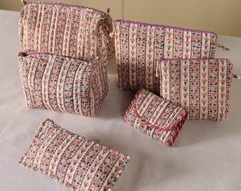 Block Print Floral Cosmetic Bag, Quilted Cotton Zipper Pouch, Set of 6