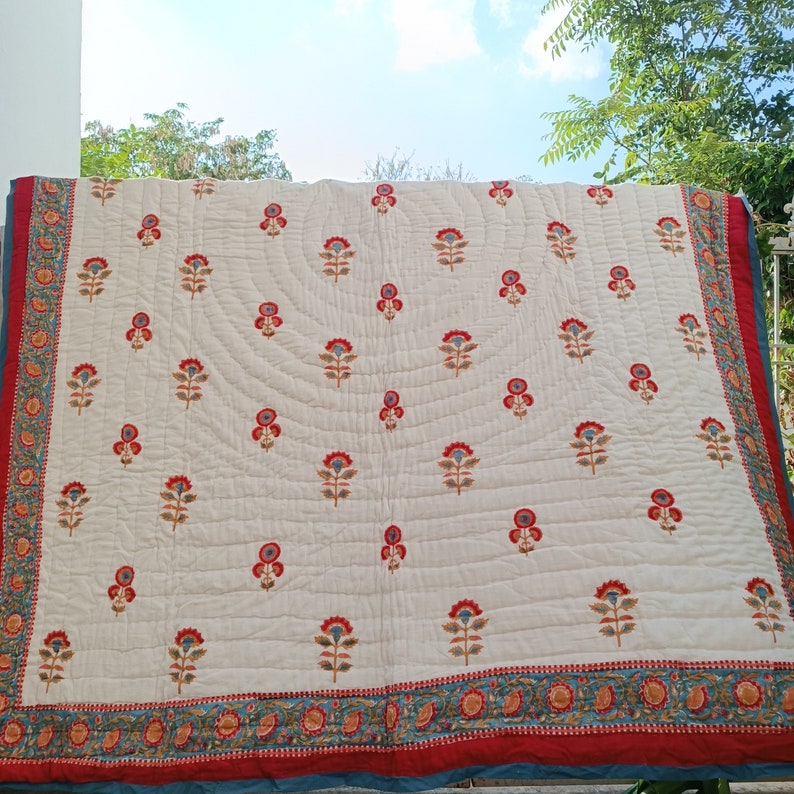 Shopgulaal gulaal Indian Jaipuri Block Print Quilt Printed Reversible Razai Cotton Handmade Floral Quilt, Jaipuri razai, Bedspread Comforter image 3