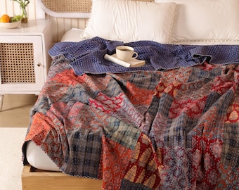 Queen Size Block print Kantha Block Print Quilt Kantha Throw Cotton Quilt Handmade Kantha Bedspread Kantha Bed cover Hand stitched Quilt