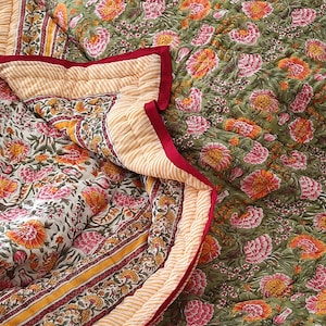 Shopgulaal gulaal Indian Jaipuri Block Print Quilt Printed Reversible Razai Cotton Handmade Floral Quilt, Jaipuri razai, Bedspread Comforter