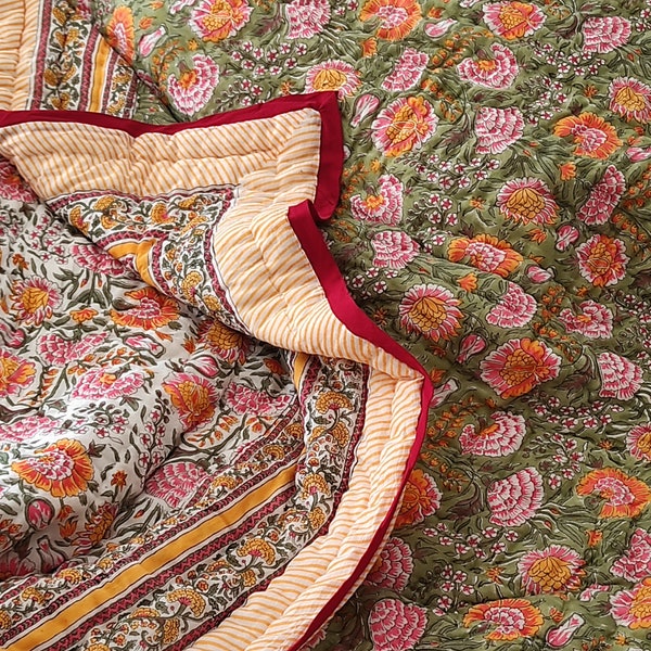 Shopgulaal gulaal Indische Jaipuri-Steppdecke mit Blockdruck, bedruckt, wendbar, Razai-Baumwolle, handgefertigt, Blumensteppdecke, Jaipuri Razai, Tagesdecke, Bettdecke
