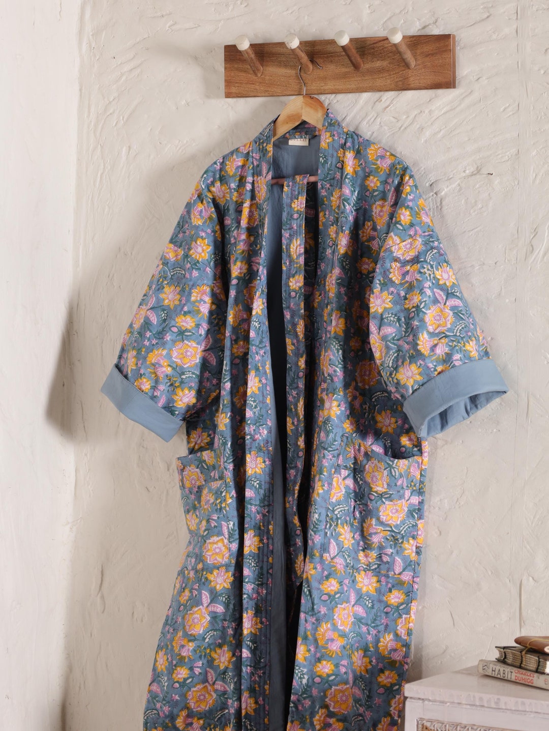 Drawn Block Robe Blockprint Quilted Robe 100% Cotton Anokhi Robes Cotton Kimono, Bath ...