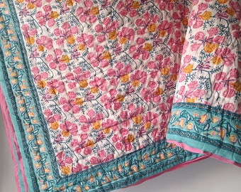 Gulaal Indian Jaipuri Block Print Quilt Printed Reversible Razai Cotton Handmade Floral Quilt, Jaipuri razai, Bedspread Comforter