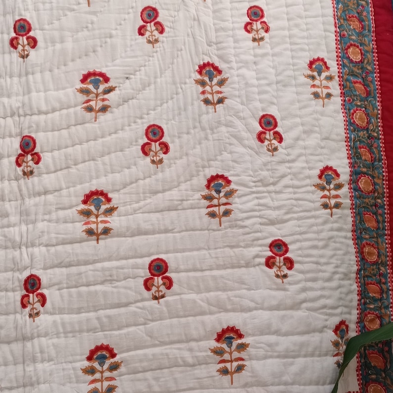 Shopgulaal gulaal Indian Jaipuri Block Print Quilt Printed Reversible Razai Cotton Handmade Floral Quilt, Jaipuri razai, Bedspread Comforter image 10