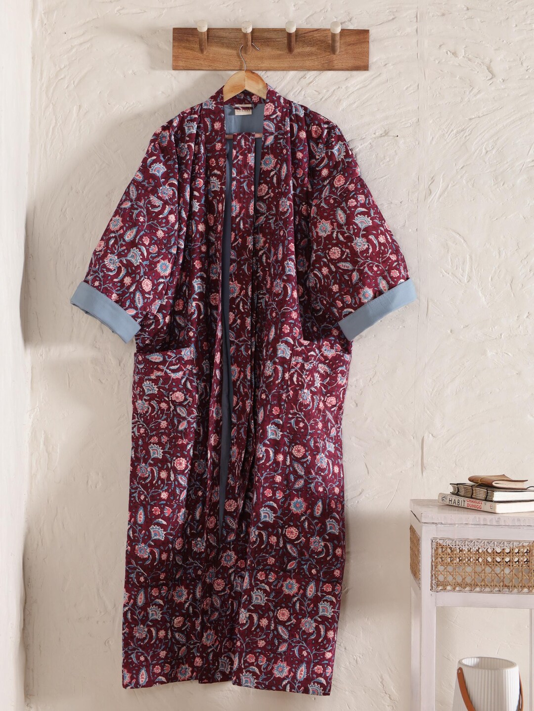 Drawn Block Robe Blockprint Quilted Robe 100% Cotton Anokhi Robes Cotton Kimono, Bath ...