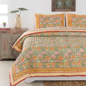 Shopgulaal gulaal Trapunta con stampa a blocchi indiani Jaipuri Trapunta floreale reversibile stampata in cotone Razai fatta a mano, Jaipuri razai, Copriletto Comforter immagine 3