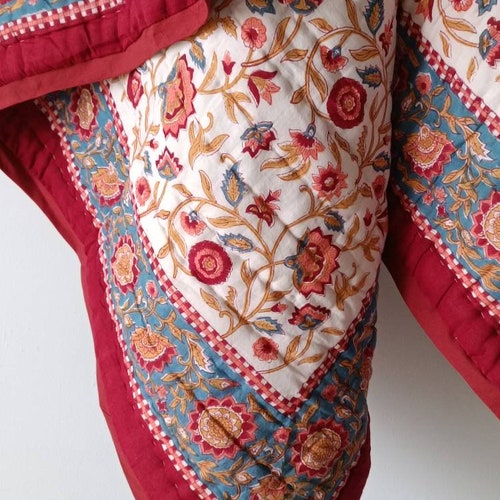 Hand Block Print Quilted Bedspread Queen Quilt Indian Cotton Etsy
