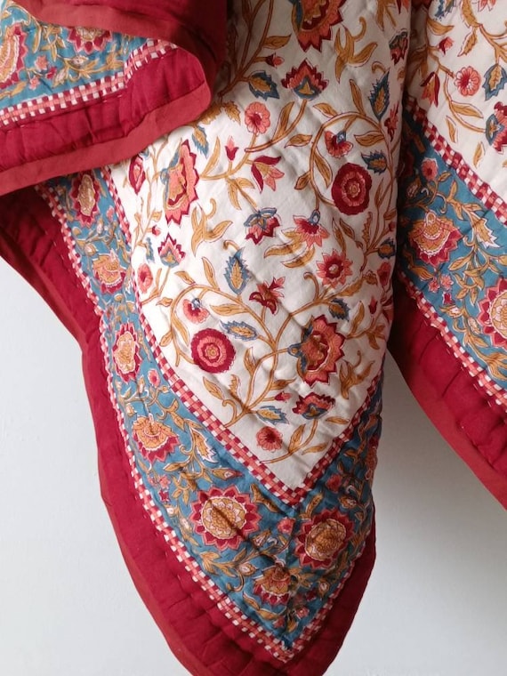 Shop Gulaal Indian Jaipuri Block Print Quilt Printed Reversible Razai Cotton Handmade Floral Quilt, Jaipuri razai, Bedspread Comforter