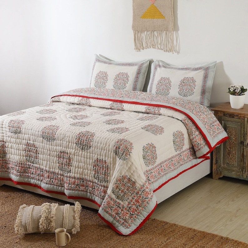 Gulaal Indian Jaipuri Block Print Quilt Printed Reversible Razai Cotton Handmade Floral Quilt, Jaipuri razai, Bedspread image 1