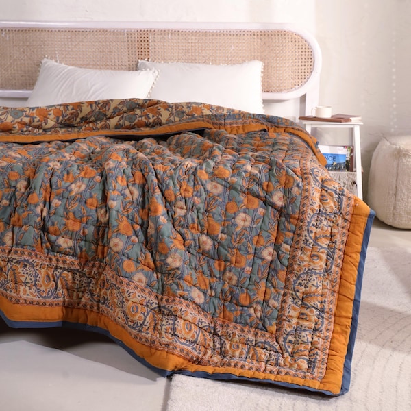ShopGulaal Jaipuri Block Print Quilt Reversible Floral Blanket  Soft Summer Quilt Jaipuri Bedspread Cozy Indian Comforter  All Season Quilt