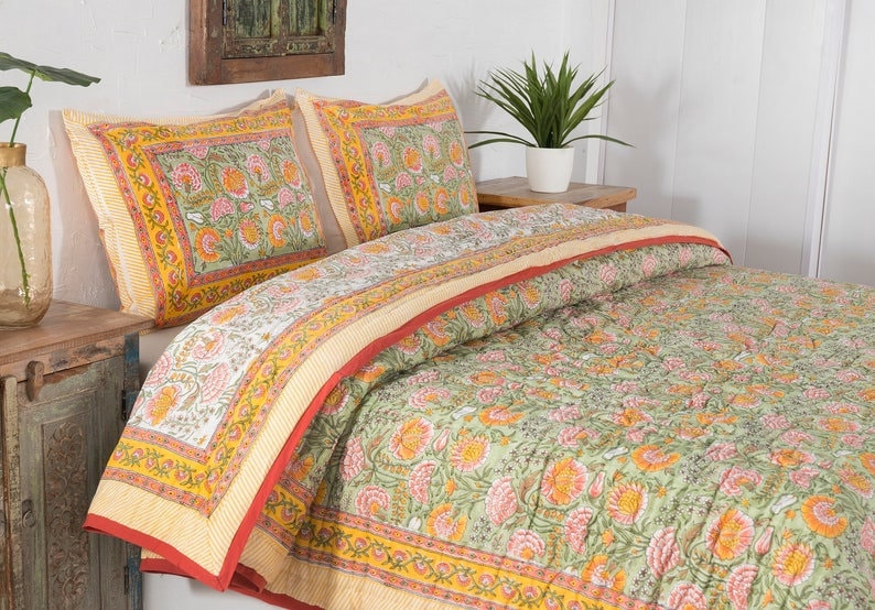 Shopgulaal gulaal Trapunta con stampa a blocchi indiani Jaipuri Trapunta floreale reversibile stampata in cotone Razai fatta a mano, Jaipuri razai, Copriletto Comforter immagine 5