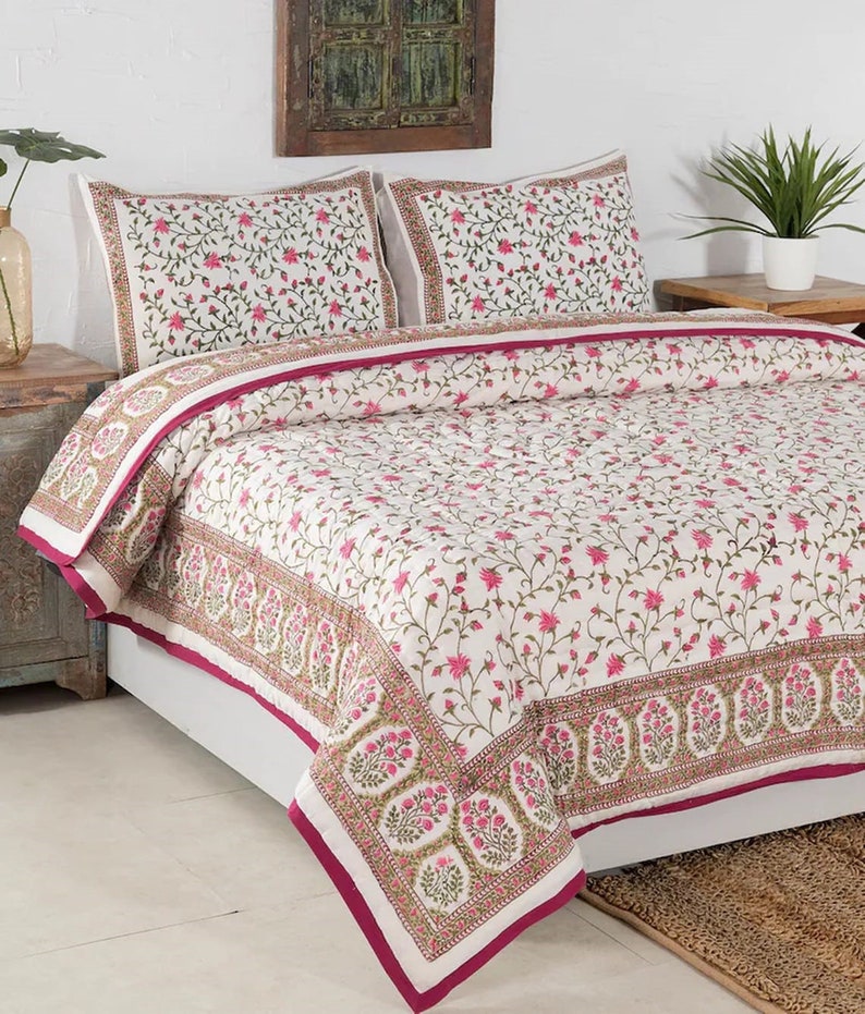 Gulaal Indian Jaipuri Block Print Quilt Printed Reversible Razai Cotton Handmade Floral Quilt, Jaipuri razai, Anokhi Bedspread Comforter image 8