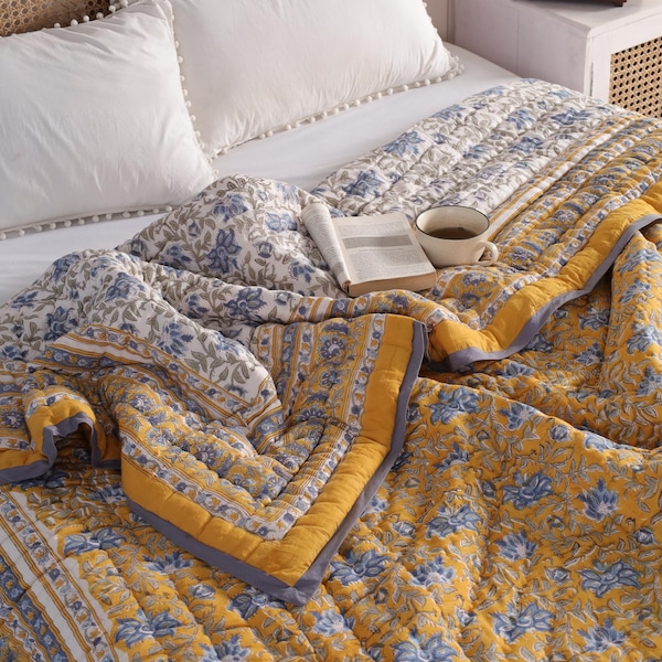 Anokhi Indian Jaipuri Block Print Quilt Printed Reversible Razai Cotton Handmade Floral Quilt, Jaipuri razai, Bedspread Comforter