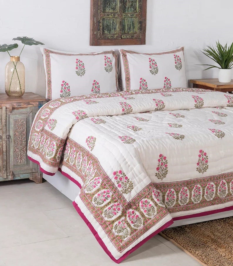 Gulaal Indian Jaipuri Block Print Quilt Printed Reversible Razai Cotton Handmade Floral Quilt, Jaipuri razai, Anokhi Bedspread Comforter image 5