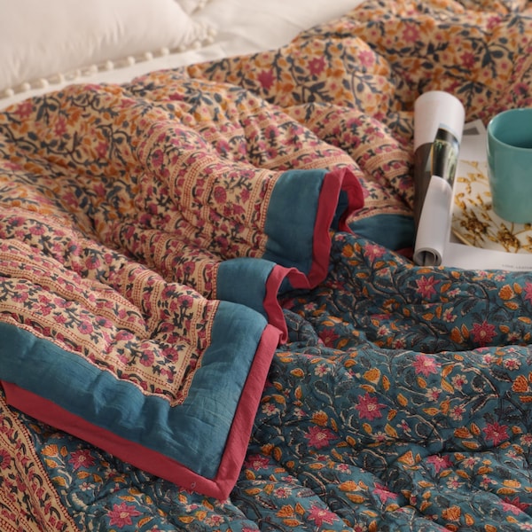 Shopgulaal gulaal Indian Jaipuri Block Print Quilt Printed Reversible Razai Cotton Handmade Floral Quilt, Jaipuri razai, Bedspread Comforter