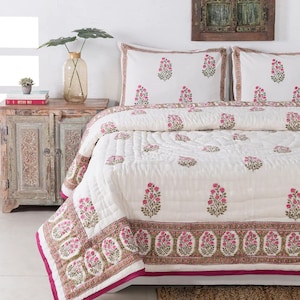 Gulaal Indian Jaipuri Block Print Quilt Printed Reversible Razai Cotton Handmade Floral Quilt, Jaipuri razai, Anokhi Bedspread Comforter image 2